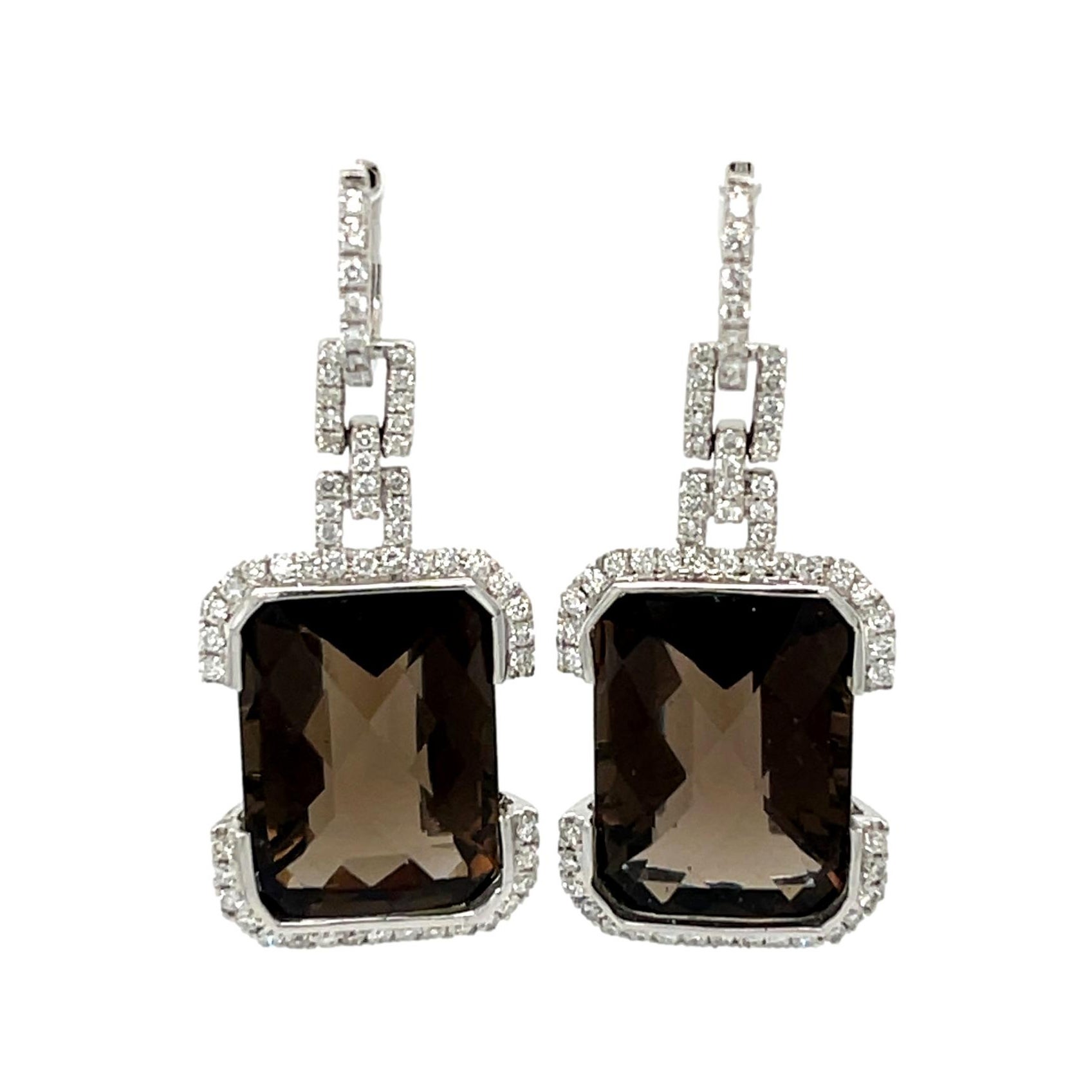 Checkerboard Smokey Topaz  and Diamond Dangling Earrings in 14K White Gold 