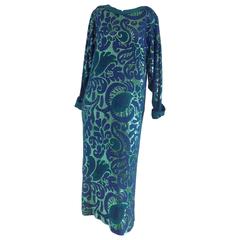 1980s Parah Green Blu long Dress