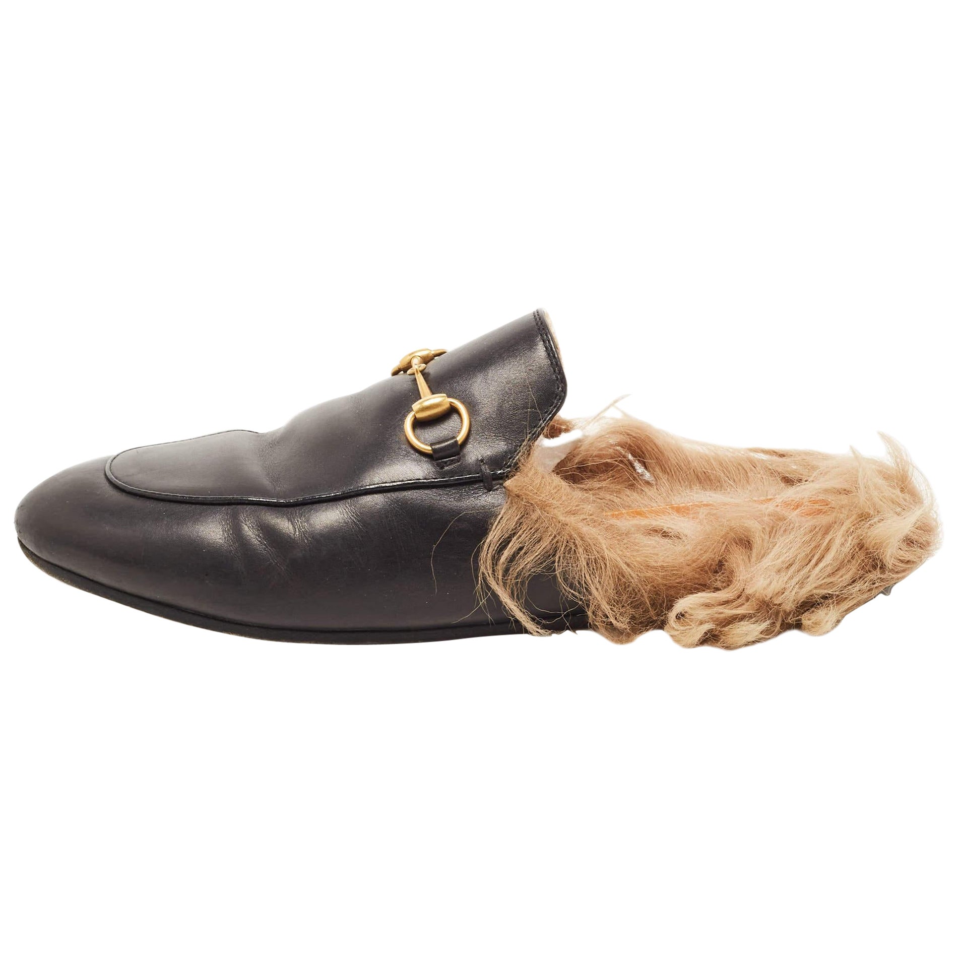 Gucci Black Leather and Fur Princetown Flat Mules Size 40
