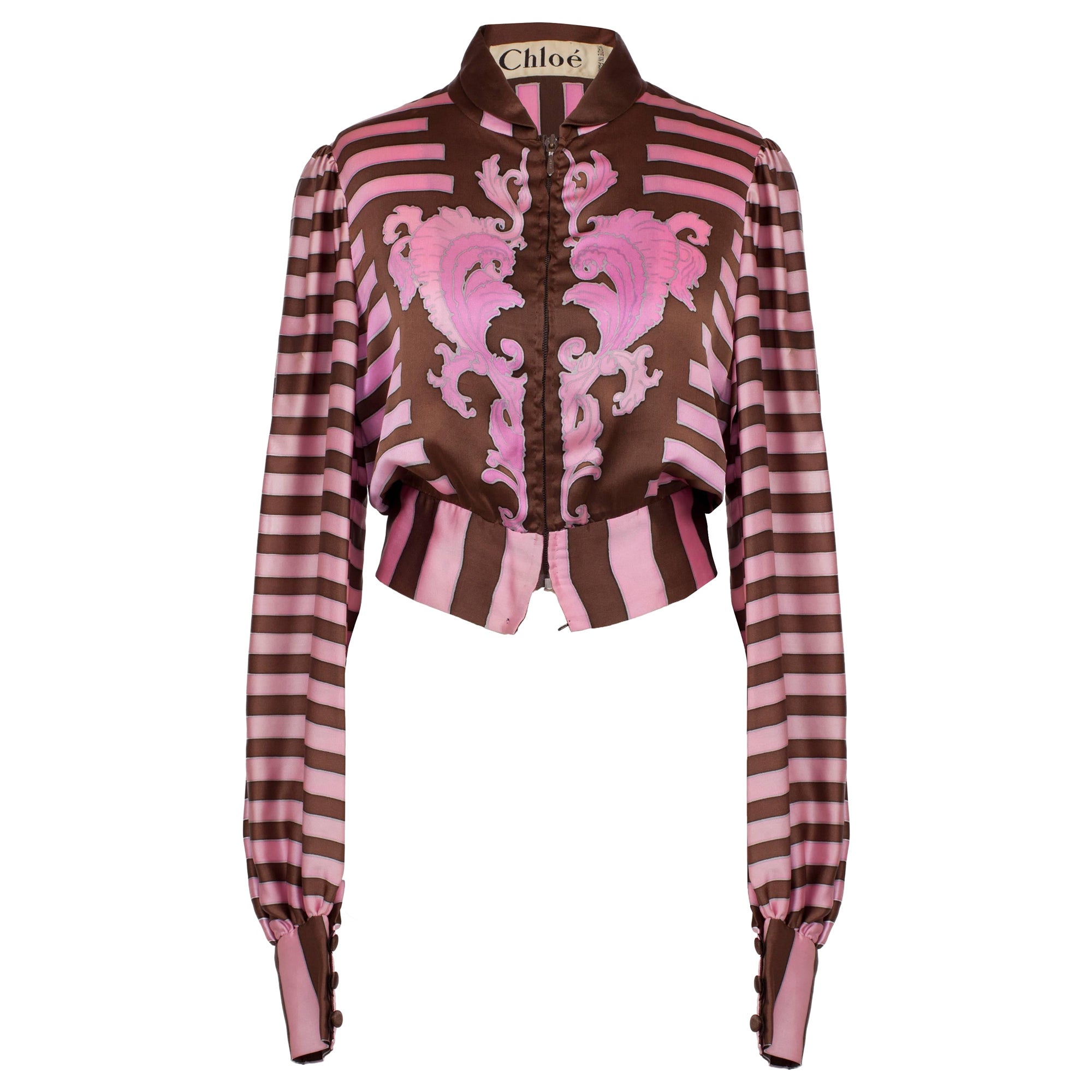 Chloe Pink Brown Silk Blouson Jacket Blouse Karl Lagerfeld 1970s For Sale