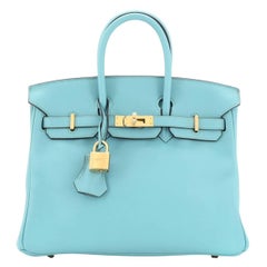 Hermes Birkin Handbag Bleu Atoll Swift with Gold Hardware 25