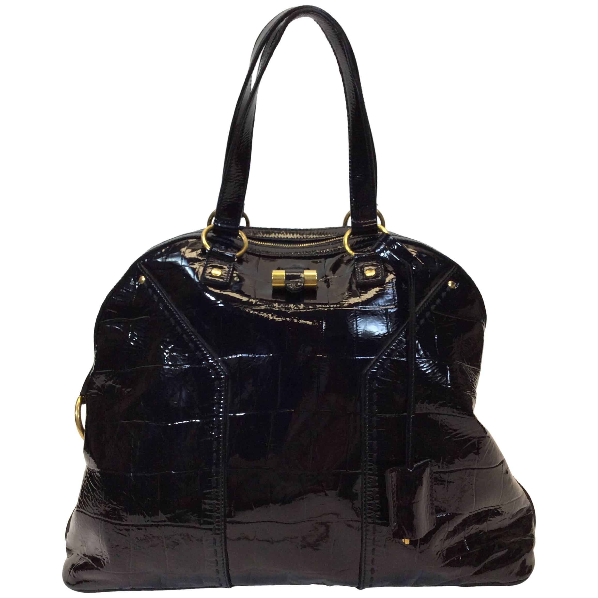 Yves Saint Laurent Black Patent Leather Large Muse Bag  For Sale