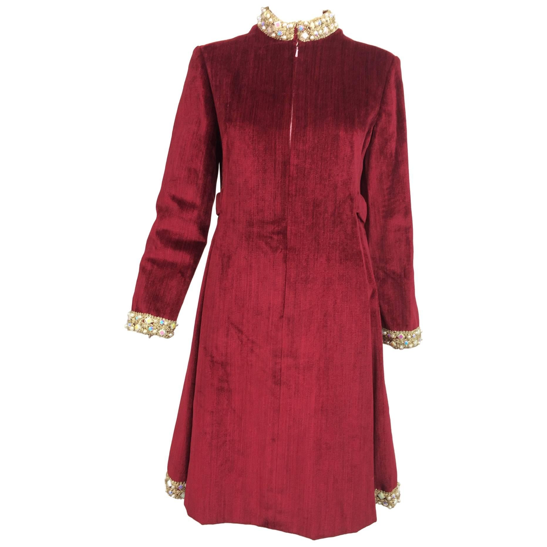 Garnet red silky cotton velvet jewel trim Mod dress 1960s