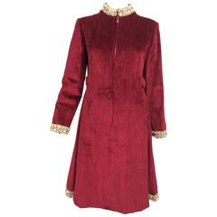 Garnet red silky cotton velvet jewel trim Mod dress 1960s 3