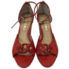 Loewe Red Leather Open Toe Wedges  Red Leather