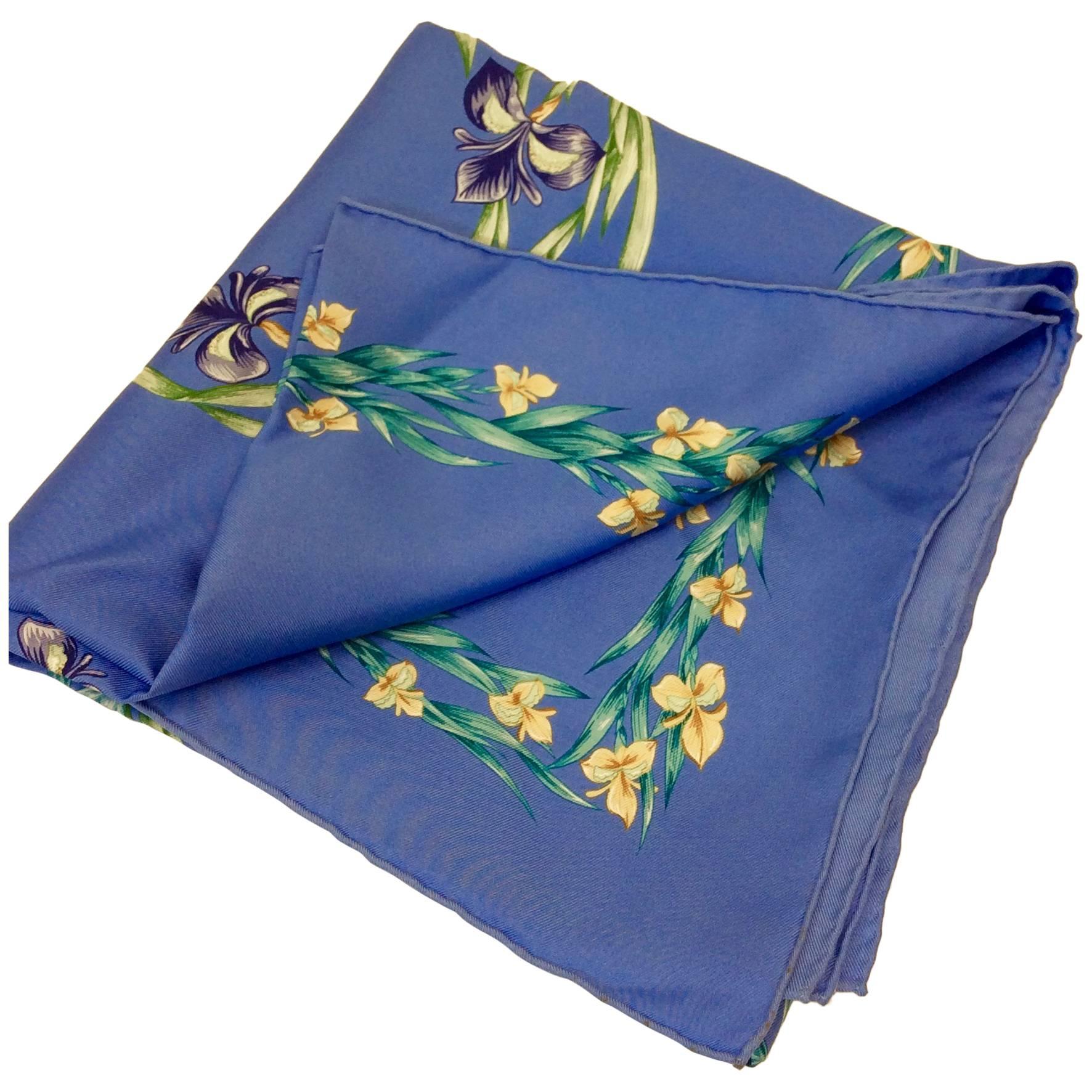 vintage 1960s silk scarf Paravy L' Herbette blue floral scarf