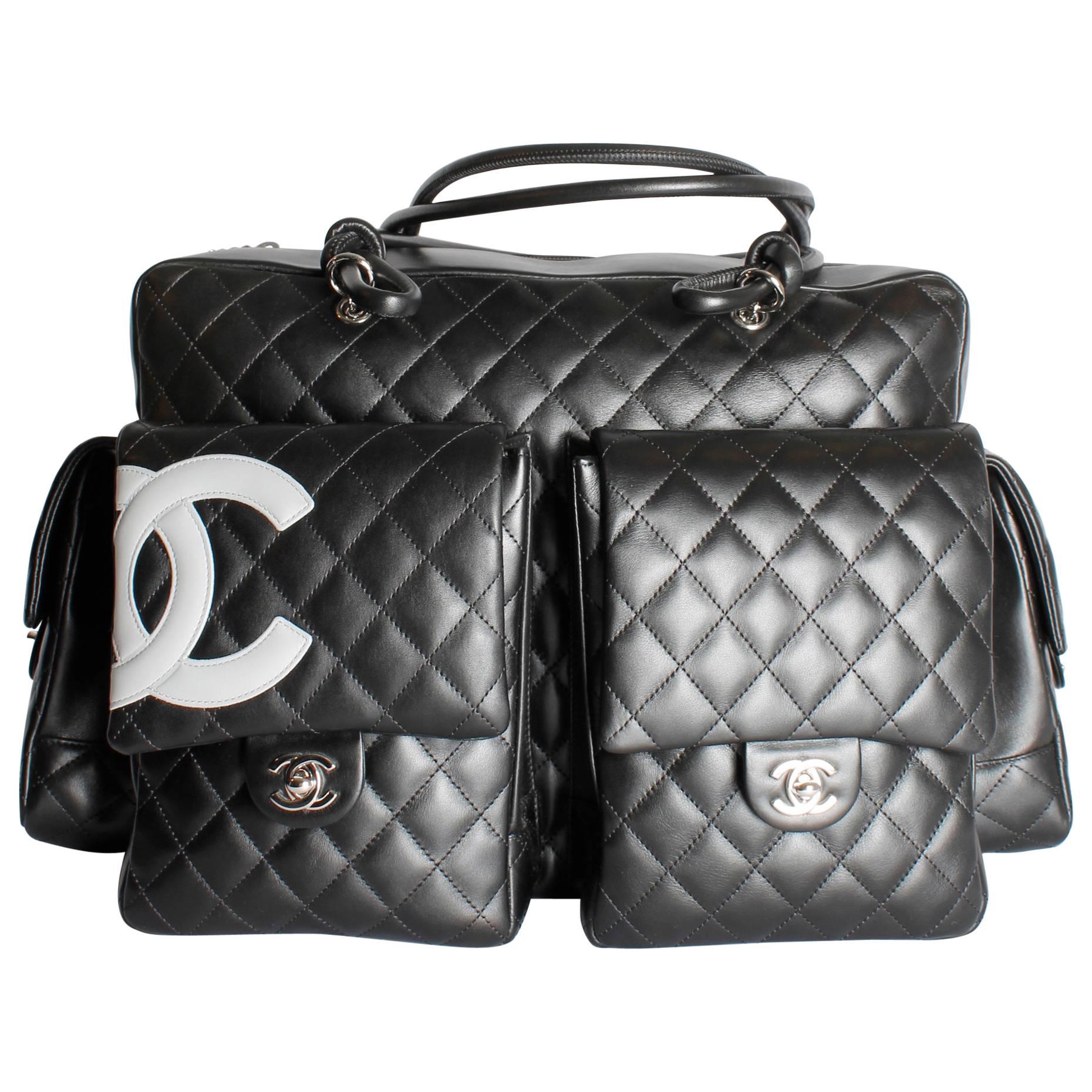 Chanel Quilted Ligne Cambon Multipocket Reporter XL Bag - black/grey leather