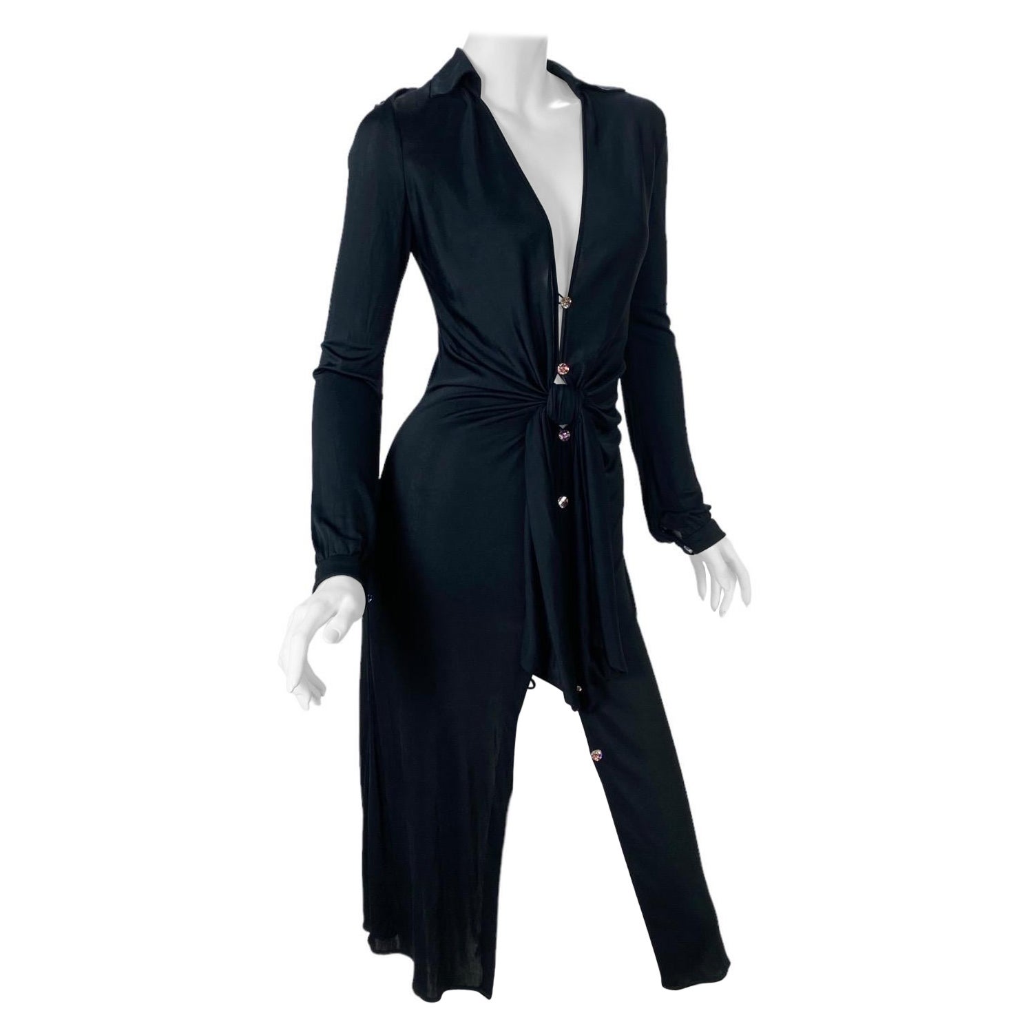 S/S 2000 Vintage Gianni Versace Couture Runway Black Deep V-Neck Dress For Sale
