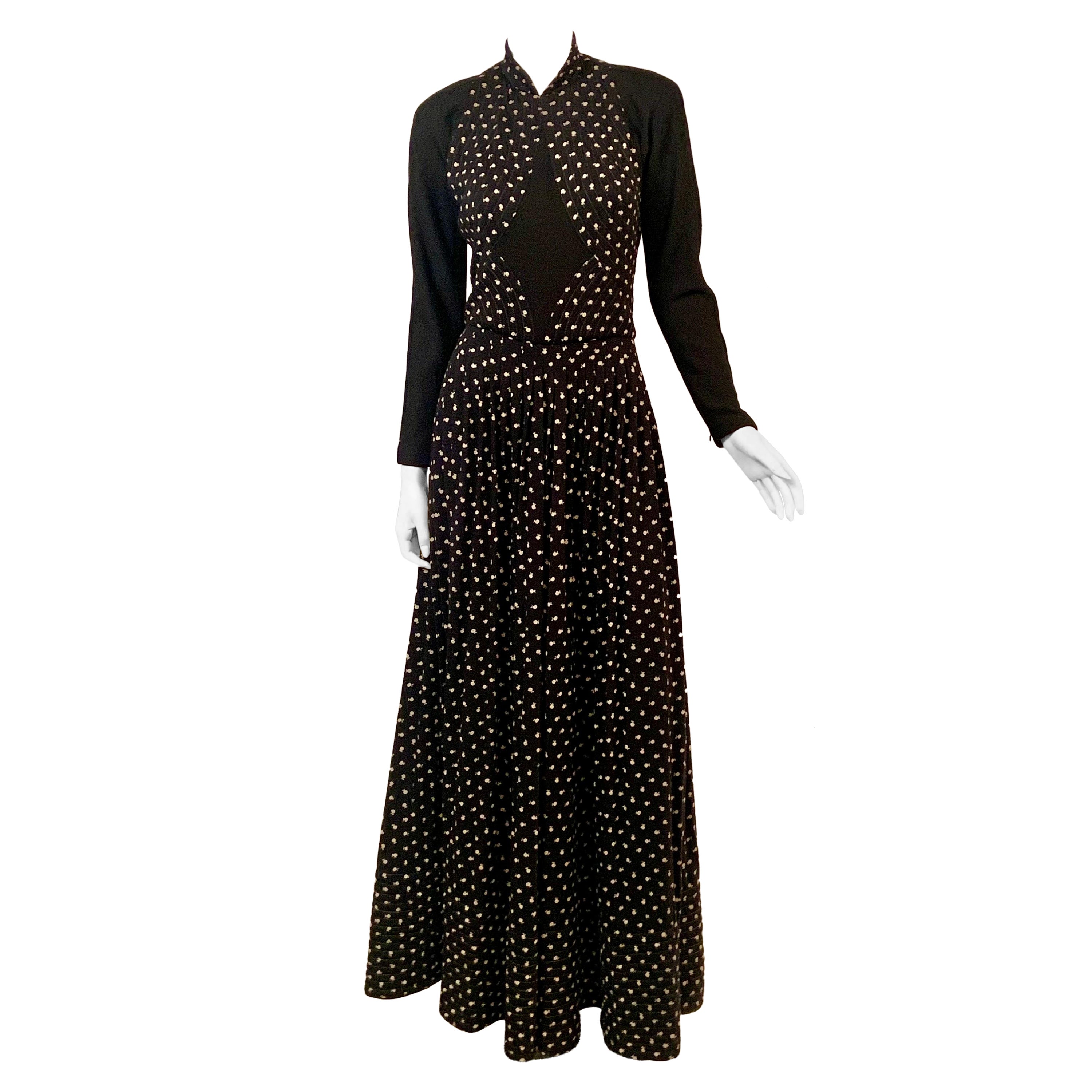 Geoffrey Beene Black and Black and White Floral Print Wool Evening Gown For Sale