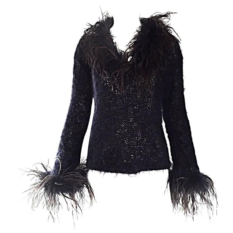 Amazing Vintage 1990s Italian Mohair Ostrich Feather Black 90s 