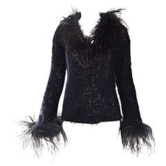 Amazing Vintage 1990s Italian Mohair Ostrich Feather Black 90s Designer Sweater