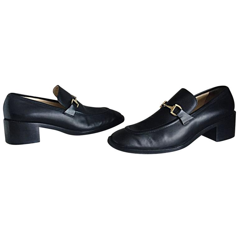 Tom Ford For Gucci 1990s 90s Black Horsebit Stacked Heel Sz 38.5 