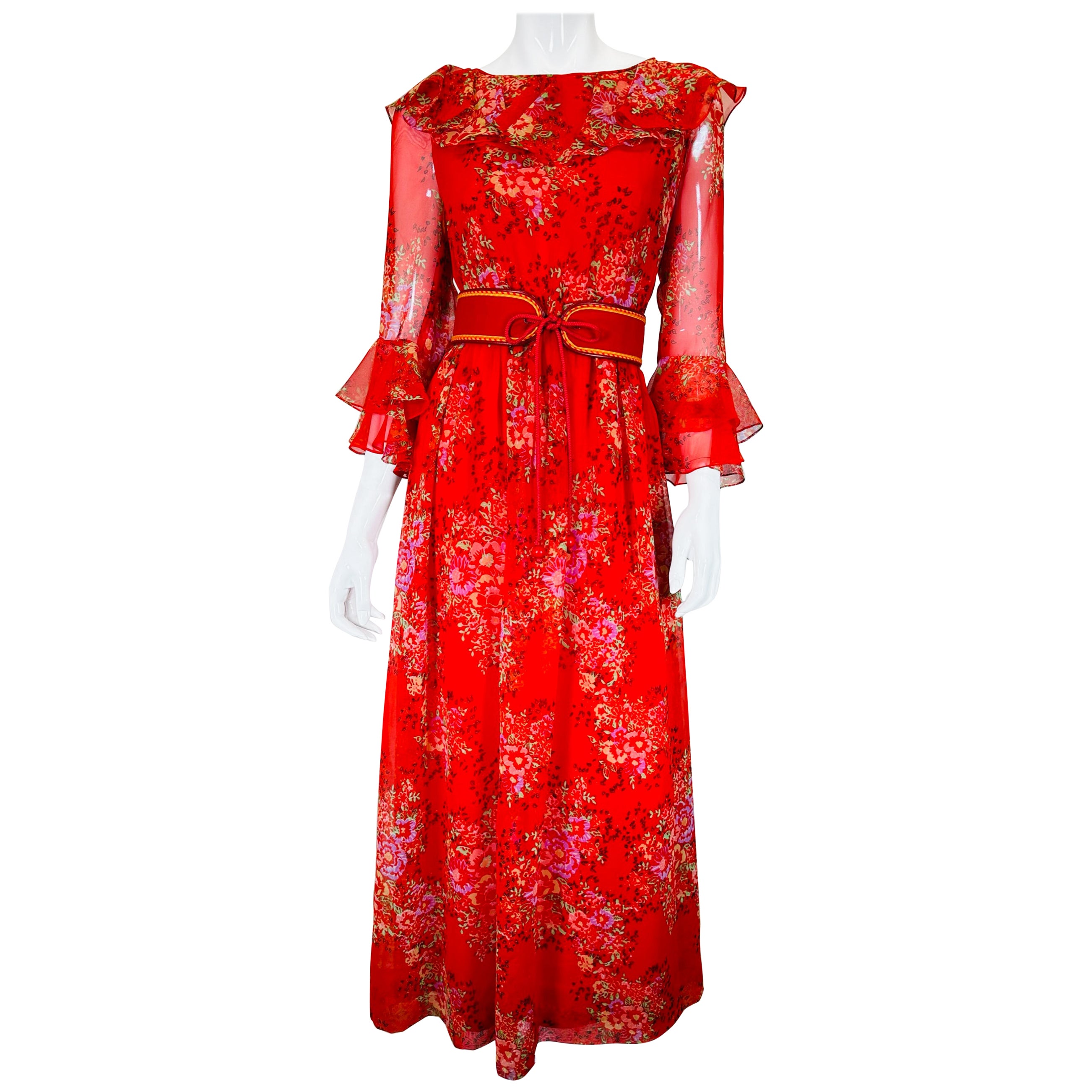 Adele Simpson Red Floral Chiffon Ruffle Neckline Maxi Dress From the 1970s For Sale
