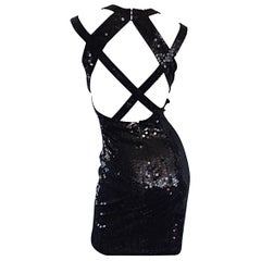 Della Roufogali - Mini robe noire sexy vintage à sequins et dos cage, LBD, années 90, taille 8