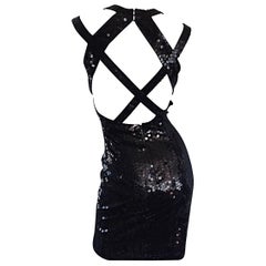 Sexy Vintage Talla 8 Della Roufogali Black LBD Caged Back Sequined 90s Mini Dress