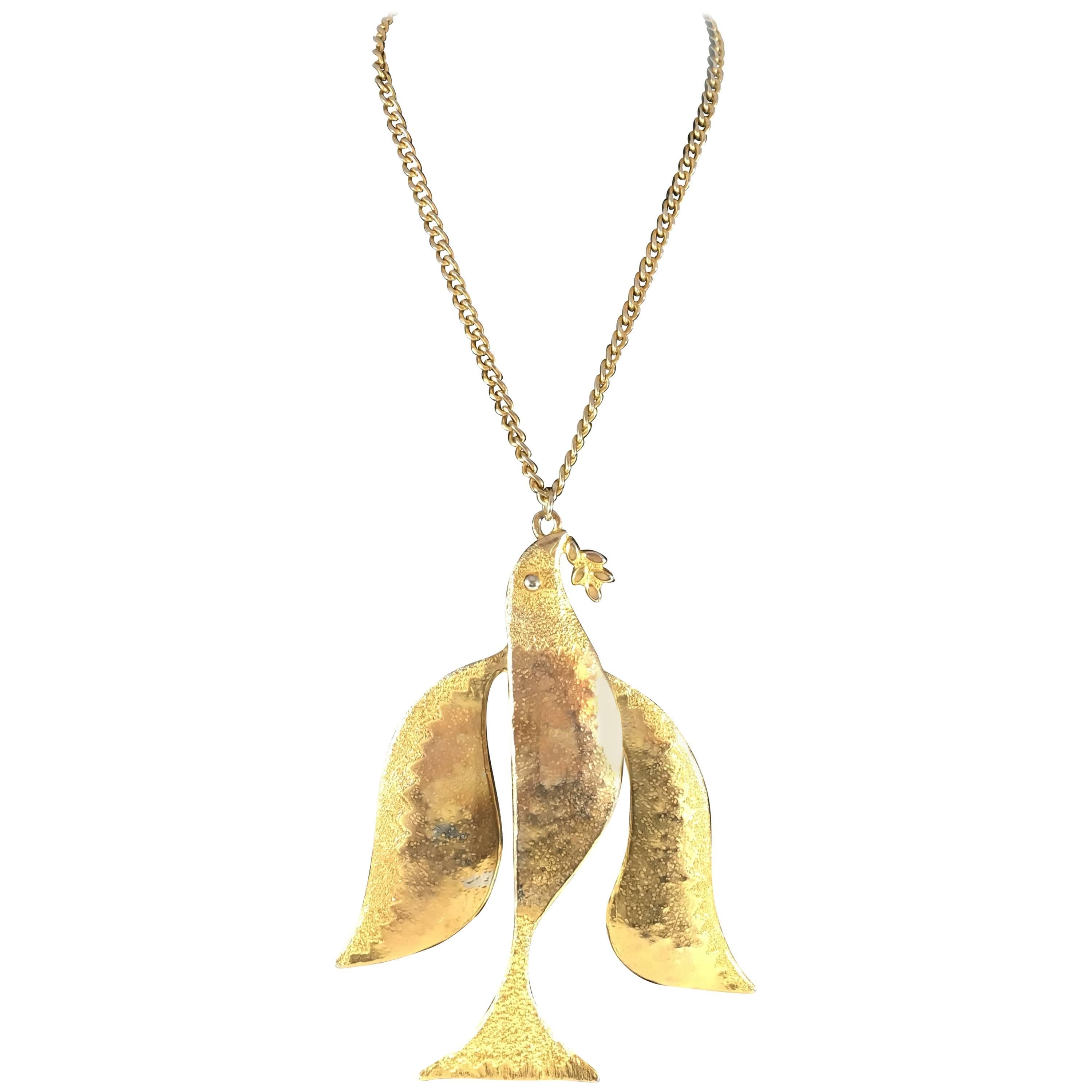 1970s Rare Kenneth Jay Lane Huge Dove Pendant Necklace For Sale