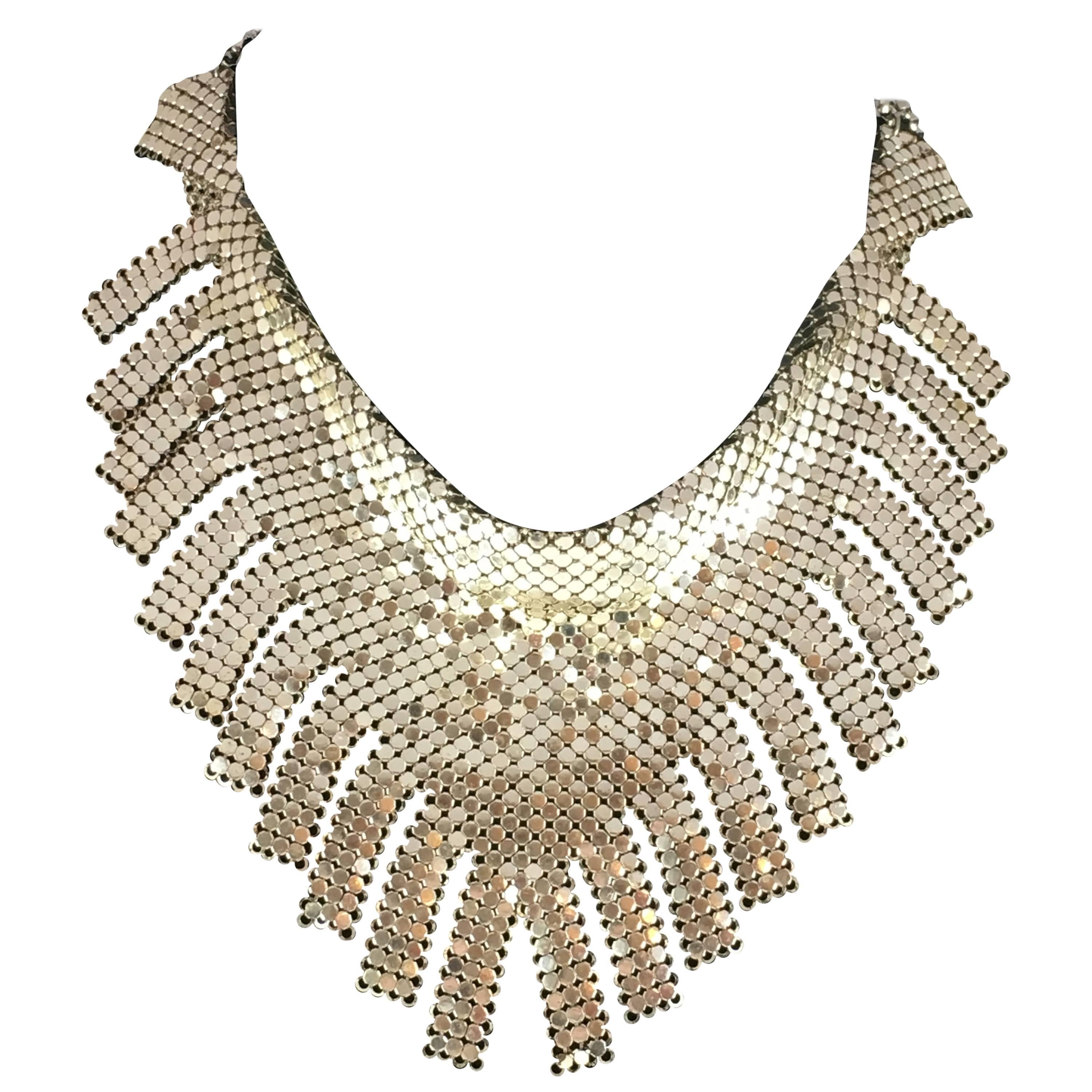 1970s Whiting and Davis Silver Chainmail Metal Bib Necklace with Fringe For Sale
