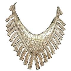 1970s Whiting and Davis Silver Chainmail Metal Bib Necklace with Fringe