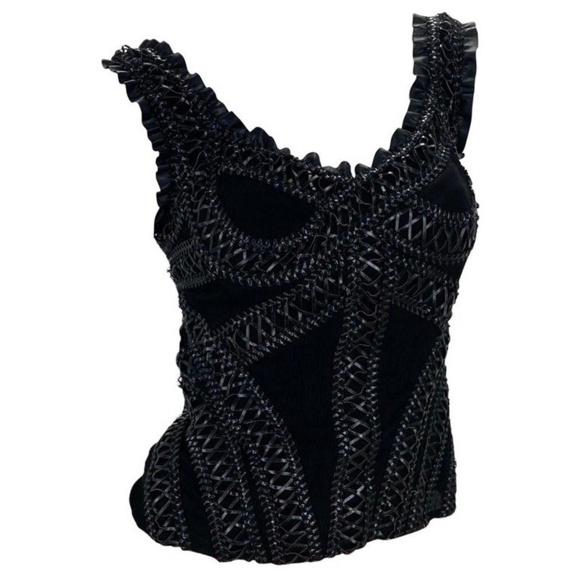 2004 Vintage Alexander McQueen Black Silk and Leather Corset Top For Sale