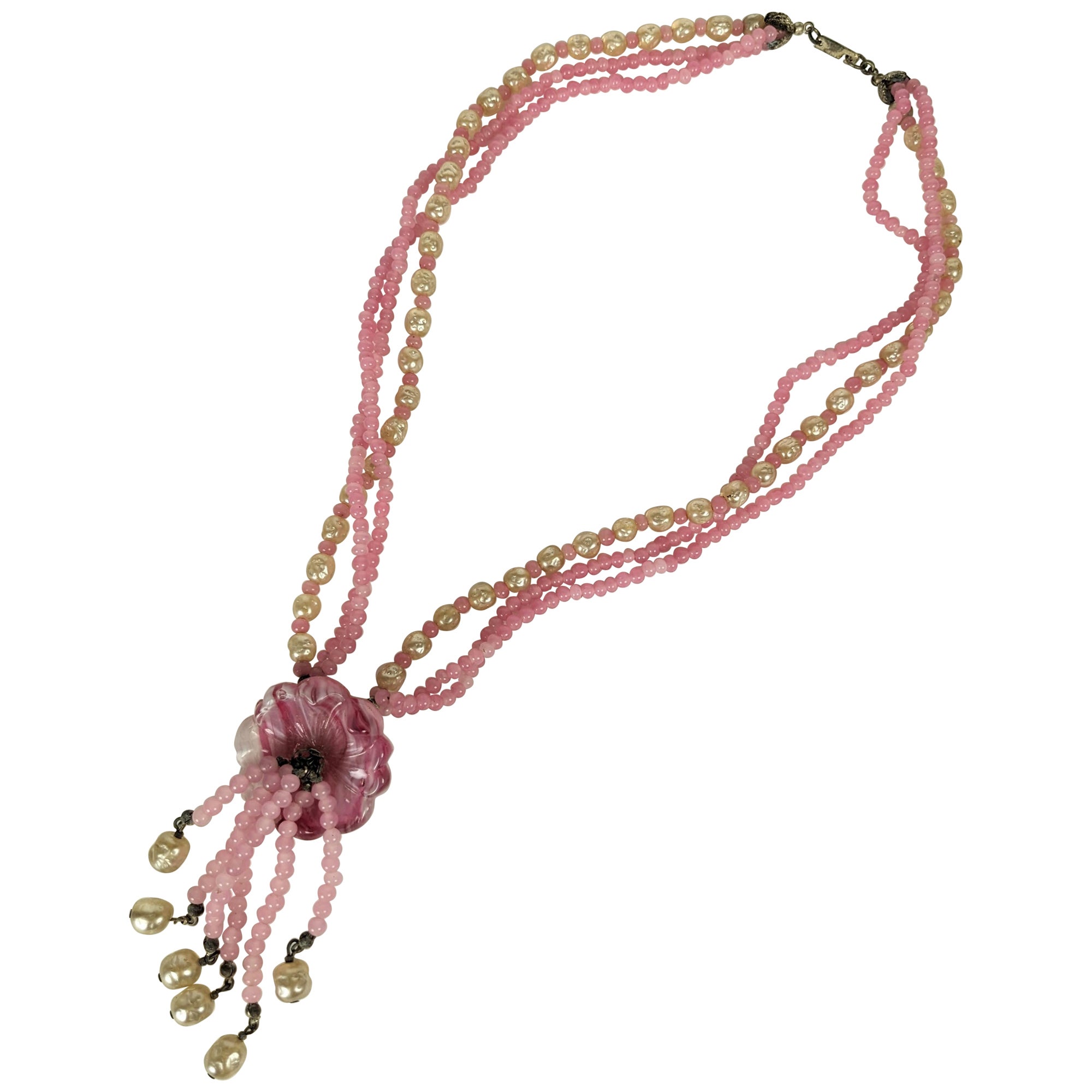 Miriam Haskell Pink Gripoix Glass and Pearl Pendant Necklace For Sale