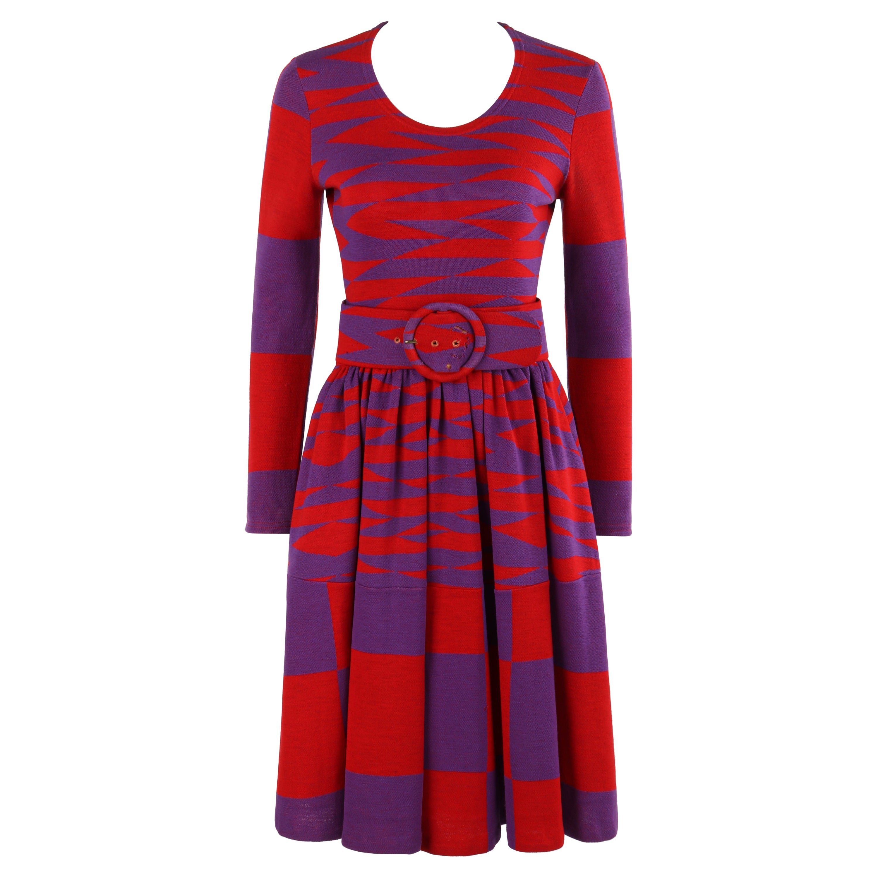 RUDI GERNREICH Harmon Knitwear c.1971 Purple Red Mod Op Art Wool Knit Day Dress For Sale