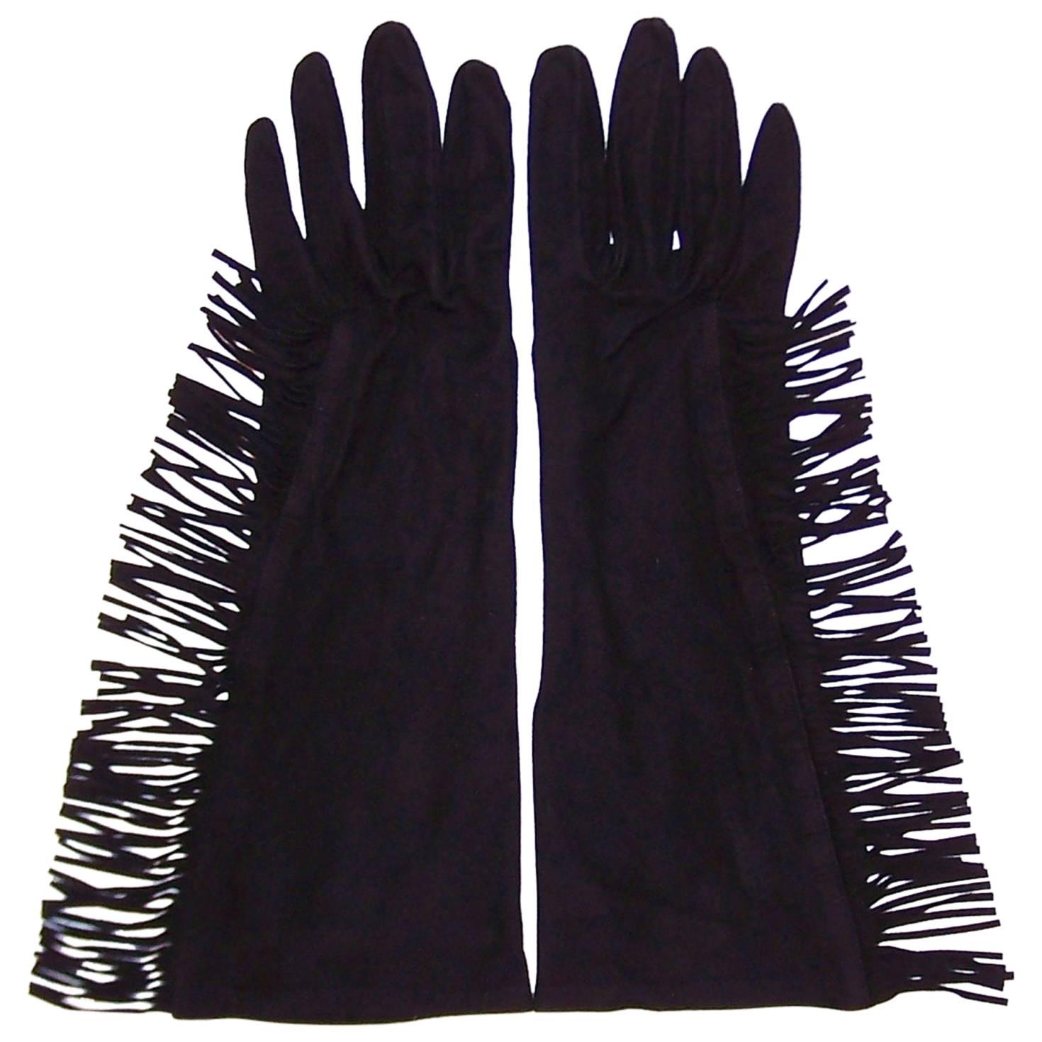 Fringe Benefits C.1980 Yves Saint Laurent Black Kidskin Suede Gloves