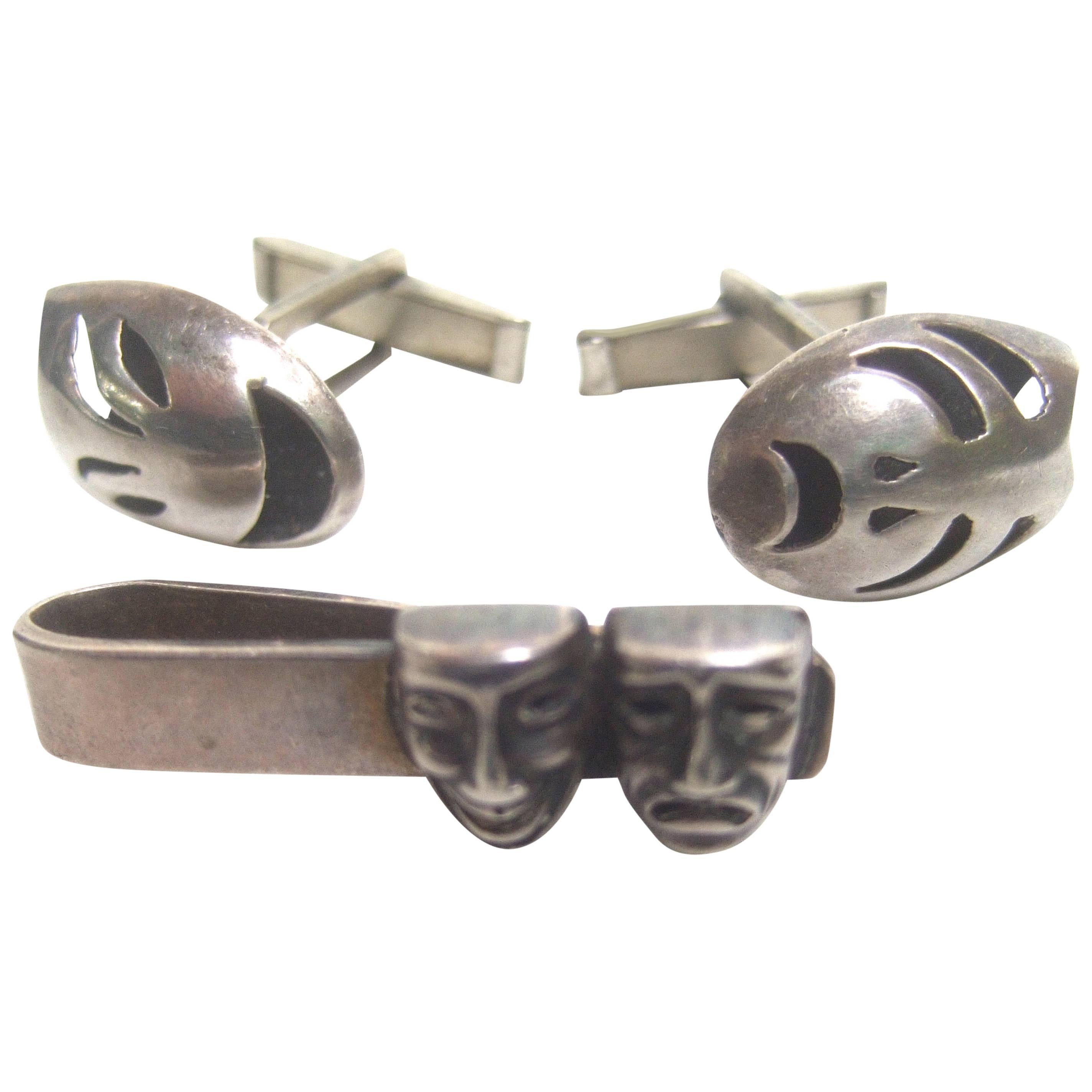 Mexican Sterling Comedy & Tragedy Cuff Links Tie Bar Set c 1960 For Sale