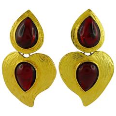 Yves Saint Laurent YSL Vintage Rare Red Glass Heart Dangling Earrings 12