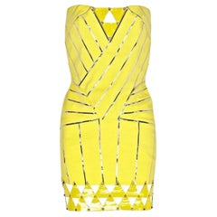 Used VERSACE Embellished Yellow Stretch Mini Dress with Patent Leather Detail Sz 44