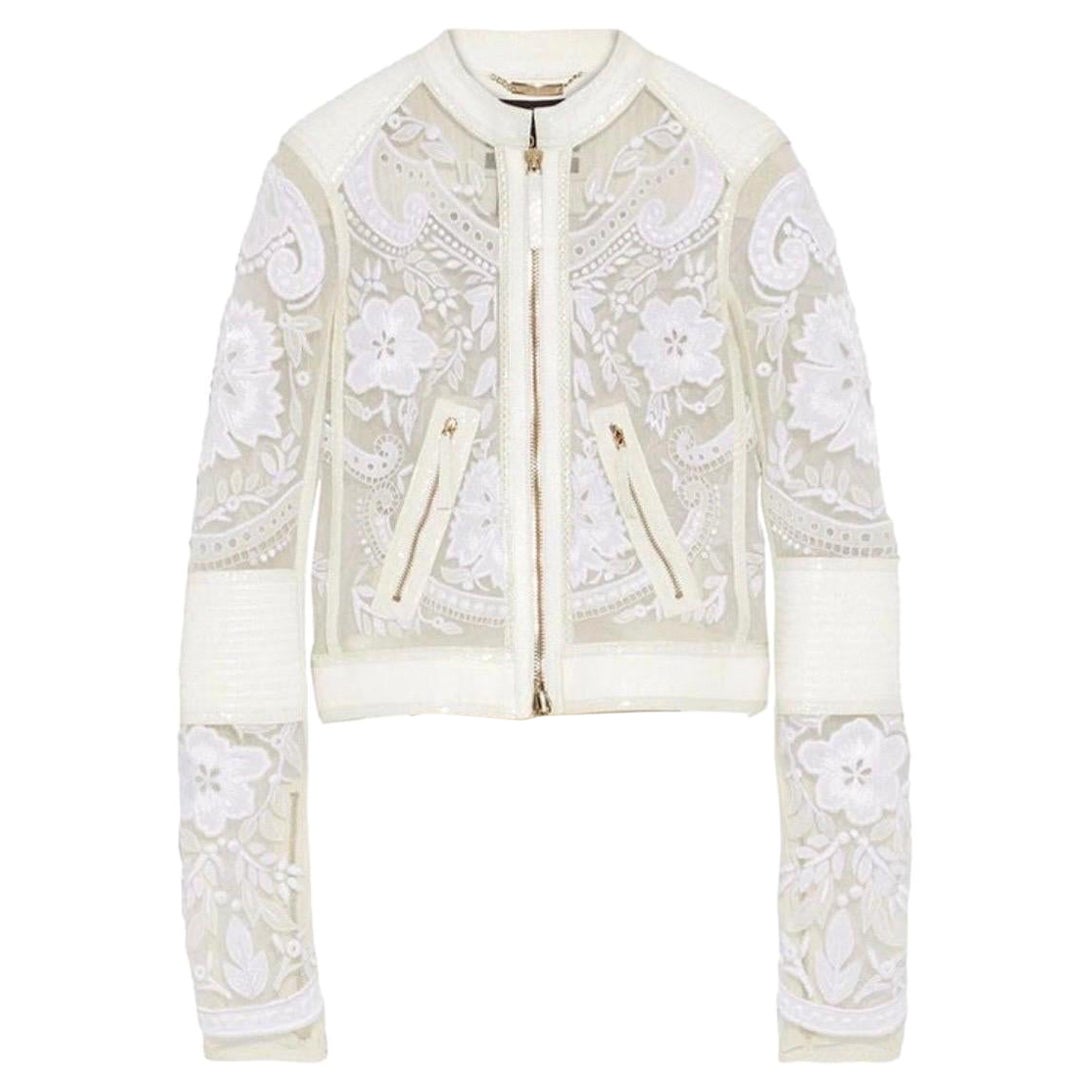 NEW $13K Roberto Cavalli Embroidered Lace & Leather Biker Jacket in White (blouson de motard en cuir et dentelle brodée de Roberto Cavalli) en vente