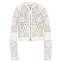 NEW $13K Roberto Cavalli Embroidered Lace & Leather Biker Jacket in White