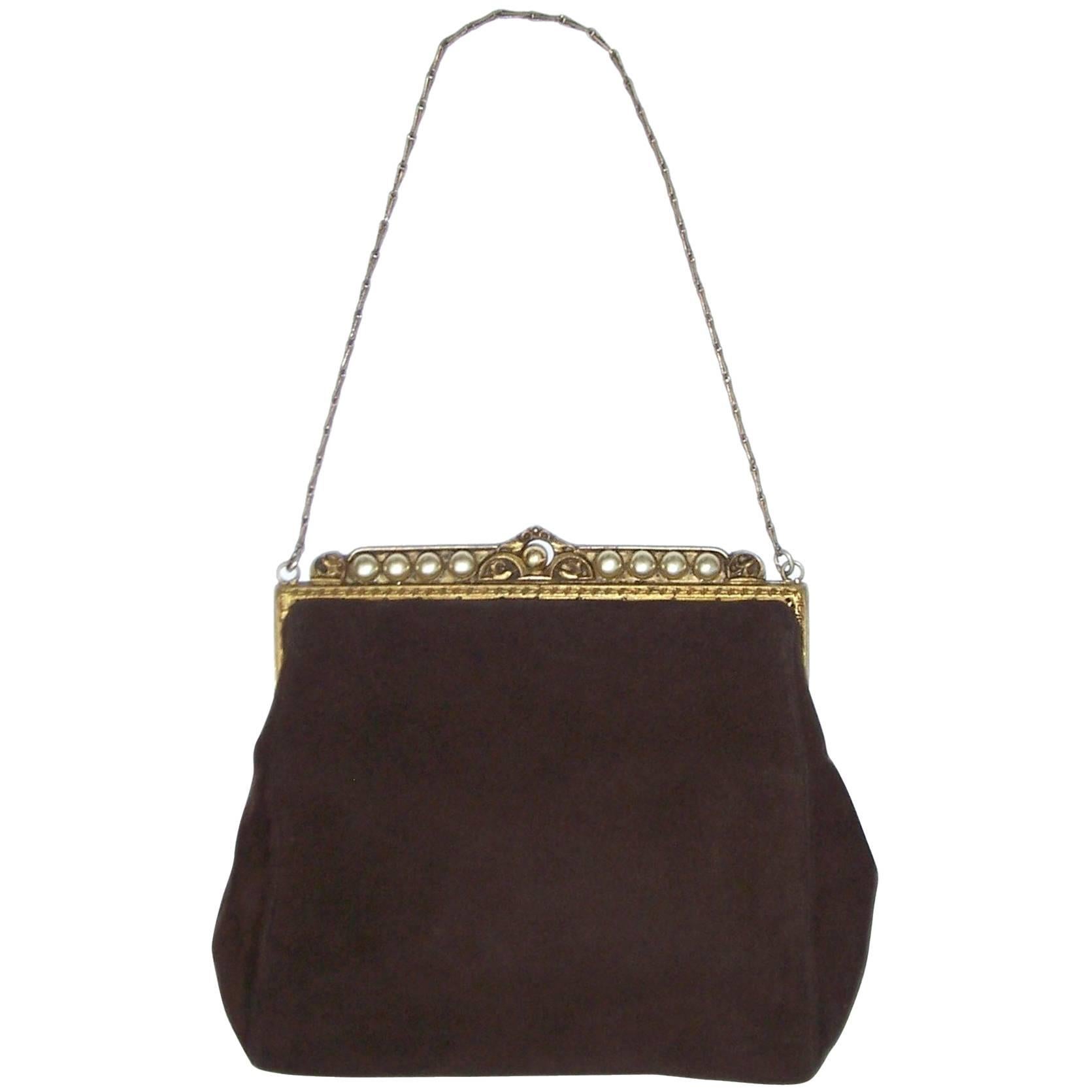 Lovely C.1930 Trinity Plate Brown Suede Pearl Encrusted Dance Purse Handbag