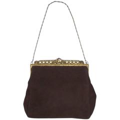 Lovely C.1930 Trinity Plate Brown Suede Pearl Encrusted Dance Purse Handbag 1