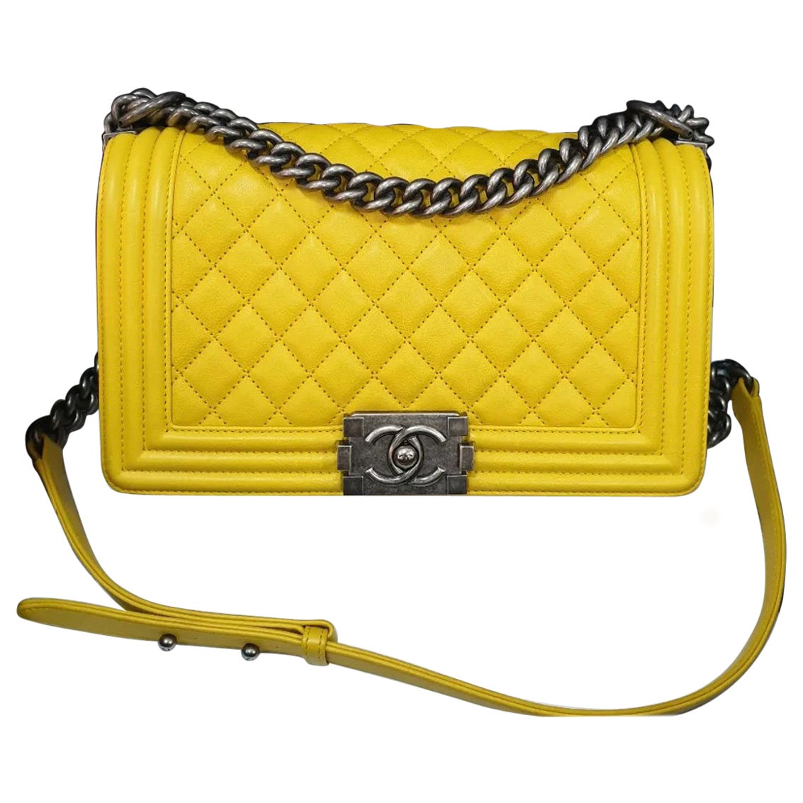Chanel Yellow Leather  Medium Boy Bag
