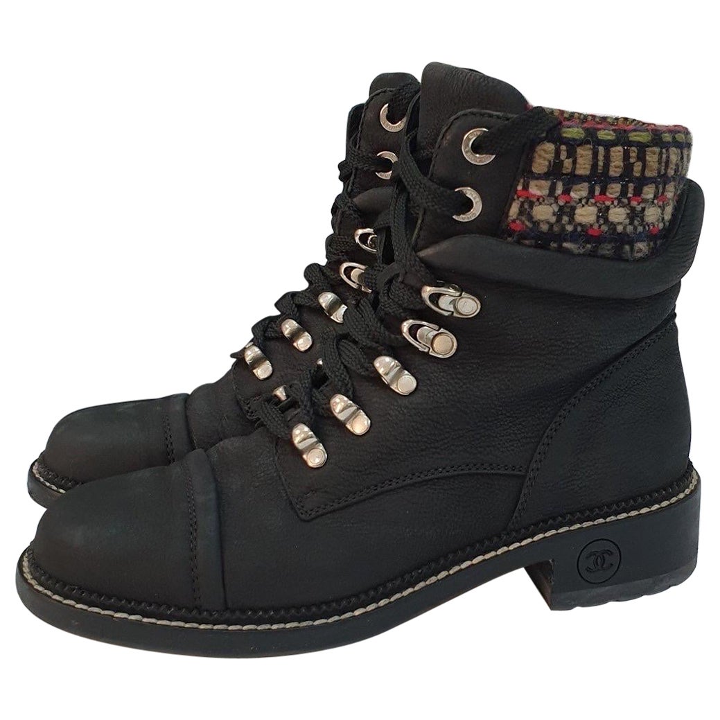 Chanel Black Nubuck Tweed Lace-Up Combat Boots For Sale