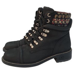 Chanel Black Nubuck Tweed Lace-Up Combat Boots