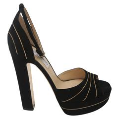Jimmy Choo Black Suede & Gold Chain Open-toed Shoes