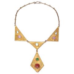 Cleopatra Style 1970's Egyptian Vermeil Bib Necklace With Semi Precious Stones 