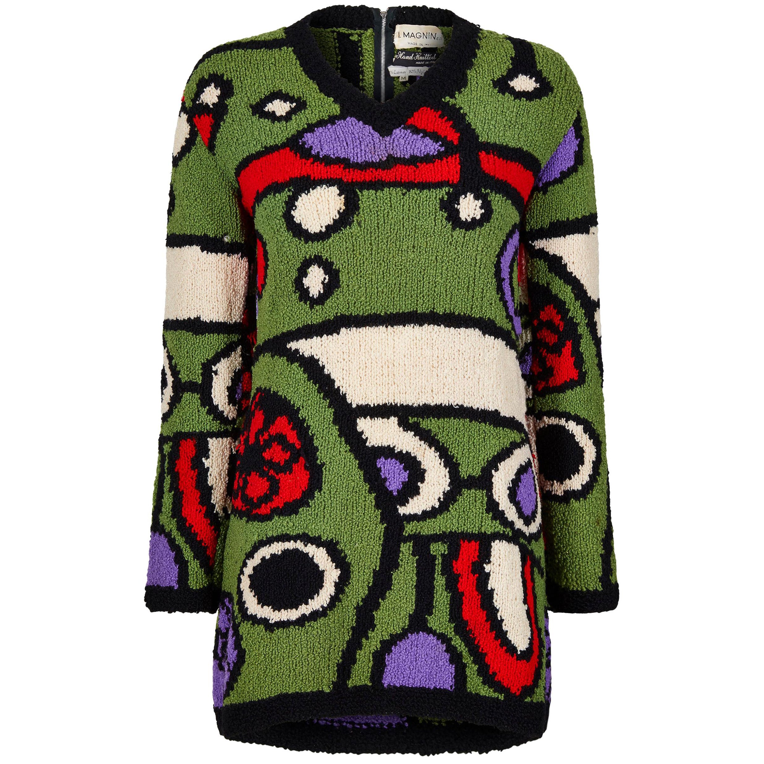 Pull en laine tricoté à la main I.Magnin des années 1970 avec motif abstrait