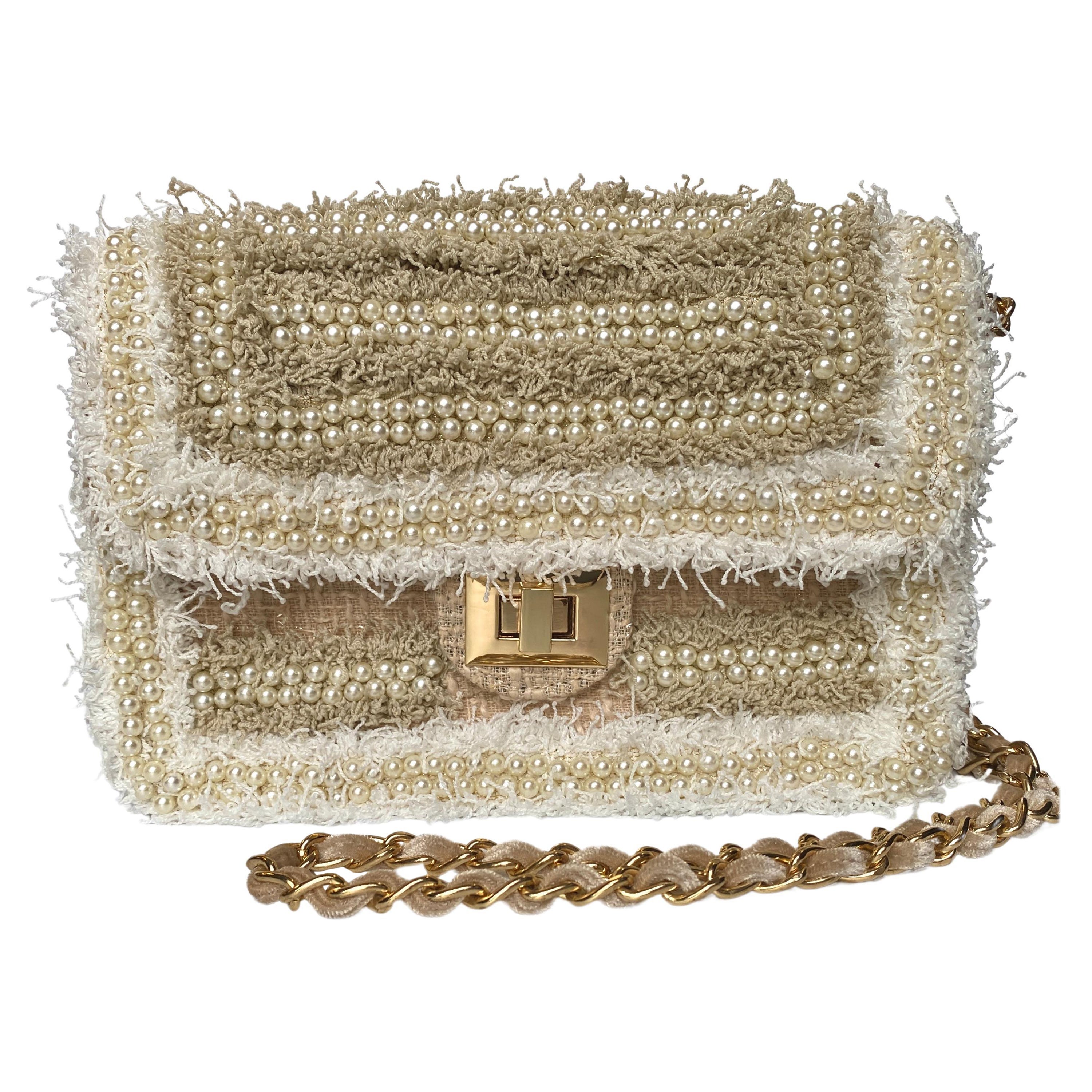 Beige & White Faux Pearl  Woven Crossbody Bag  For Sale