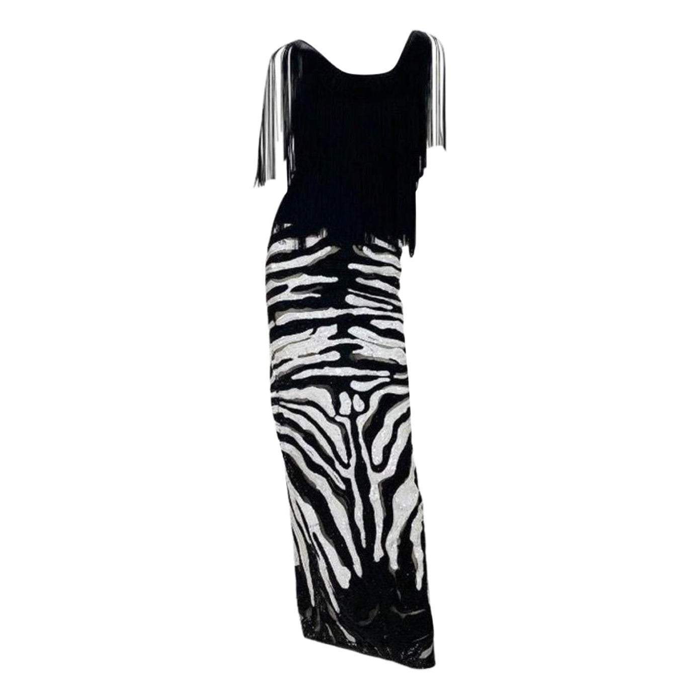 Tom Ford Beaded Tulle Zebra Long Skirt with Black Fringe Top  For Sale
