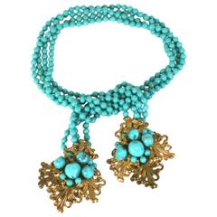 Retro Miriam Haskell Turquoise Pate de Verre Wrap Lariat