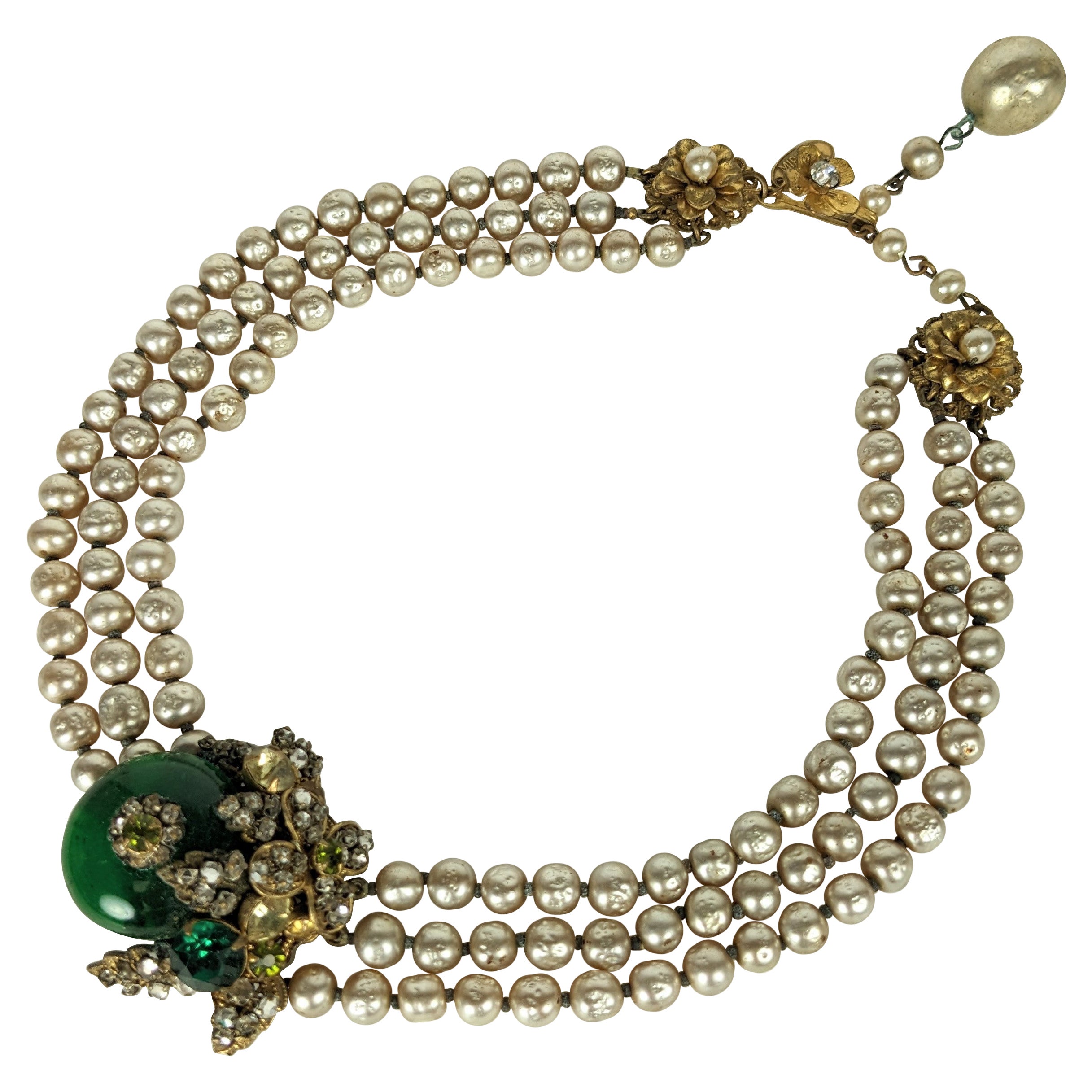 Miriam Haskell Emerald and Pearl Gripoix Glass Necklace For Sale