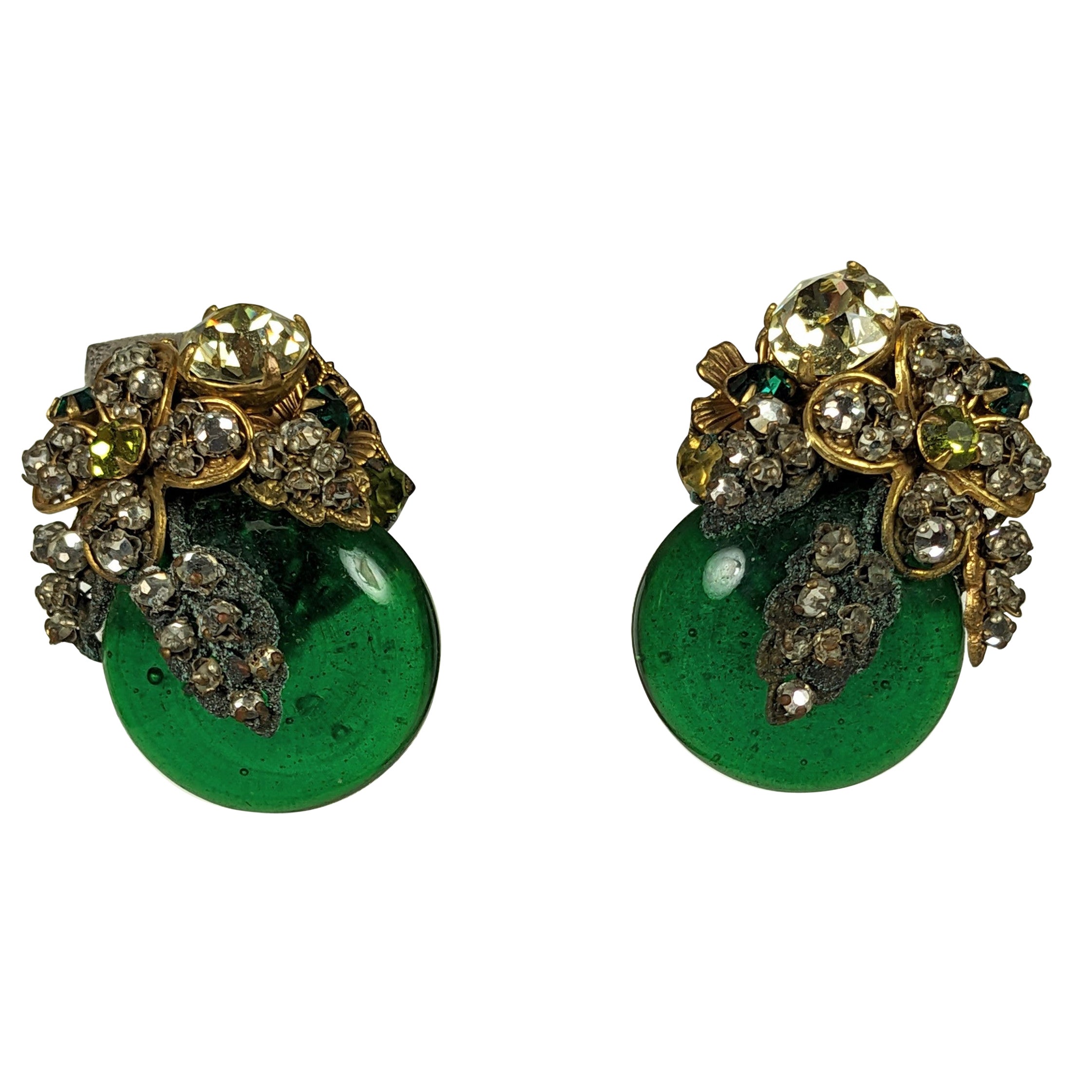 Miriam Haskell Ornate Emerald Gripoix Glass Earrings For Sale