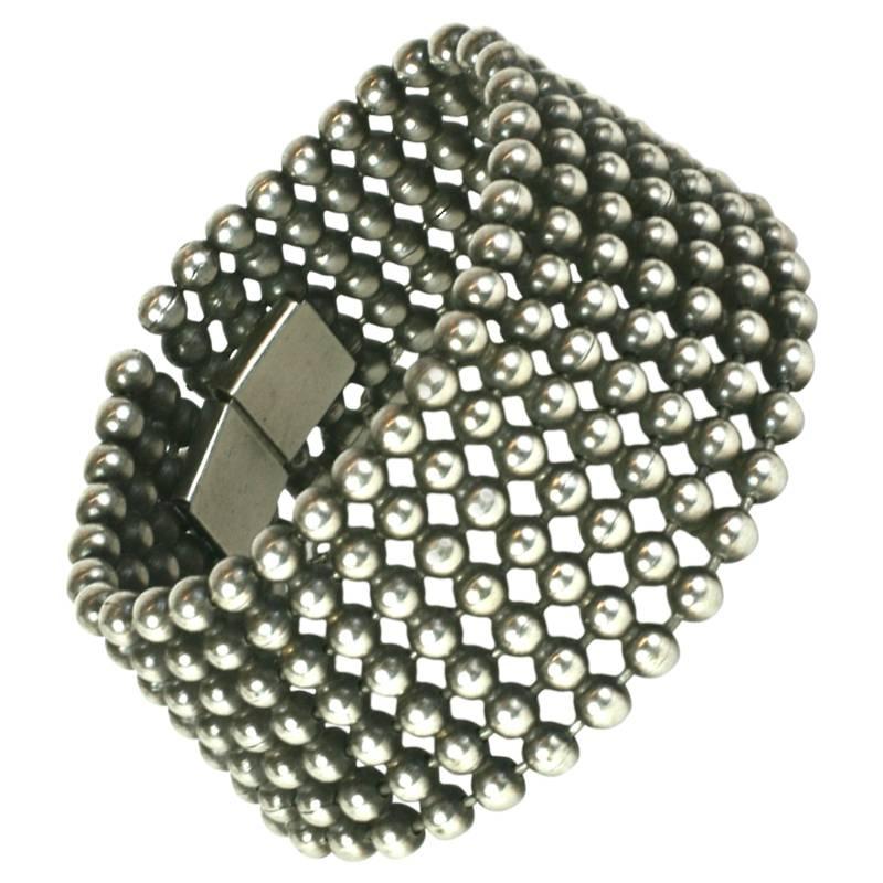 French Silvered Metal Ball Chain Cuff Bracelet For Sale