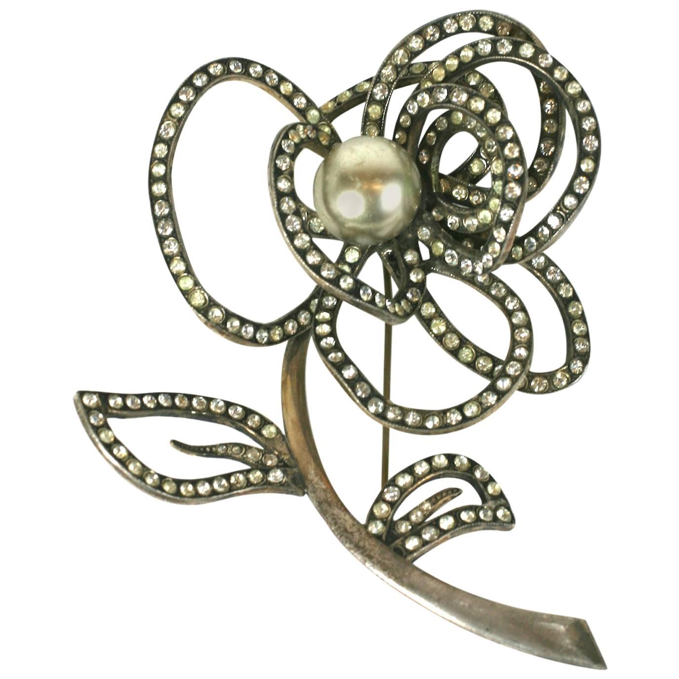 Roger Jean Pierre Abstract French Crystal and Pearl Rose Brooch For Sale