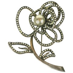 Roger Jean Pierre Abstract French Crystal and Pearl Rose Brooch