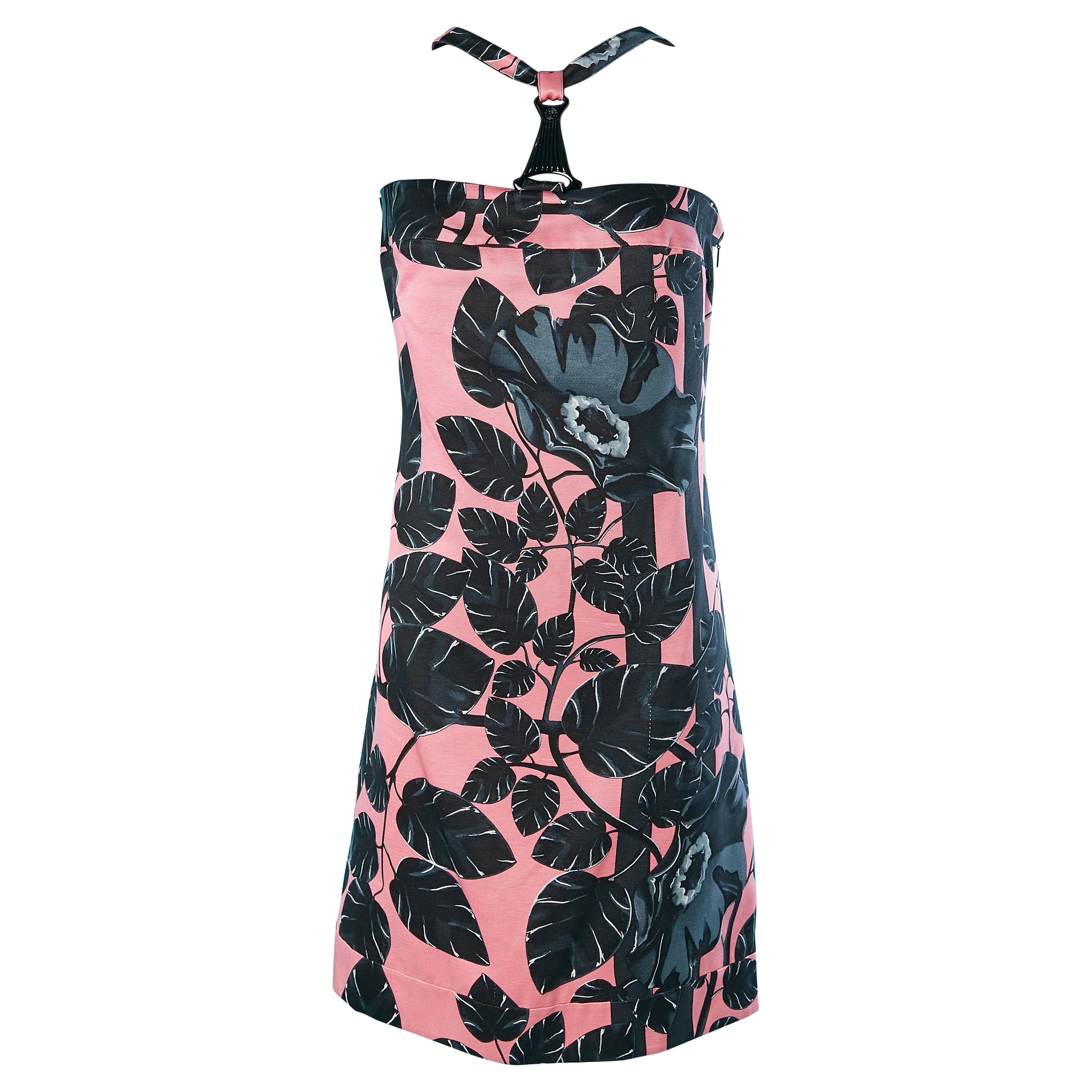 Pink and black flower printed cocktail dress Versace  For Sale