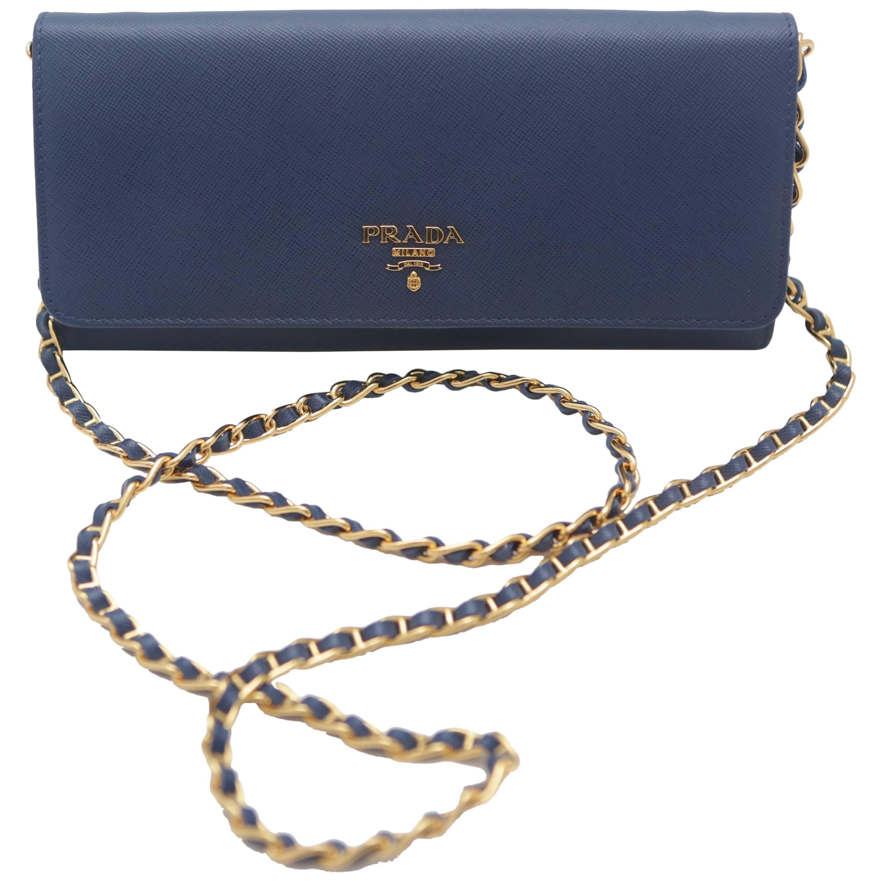 Prada Saffiano Oro Wallet Handbag on a Chain