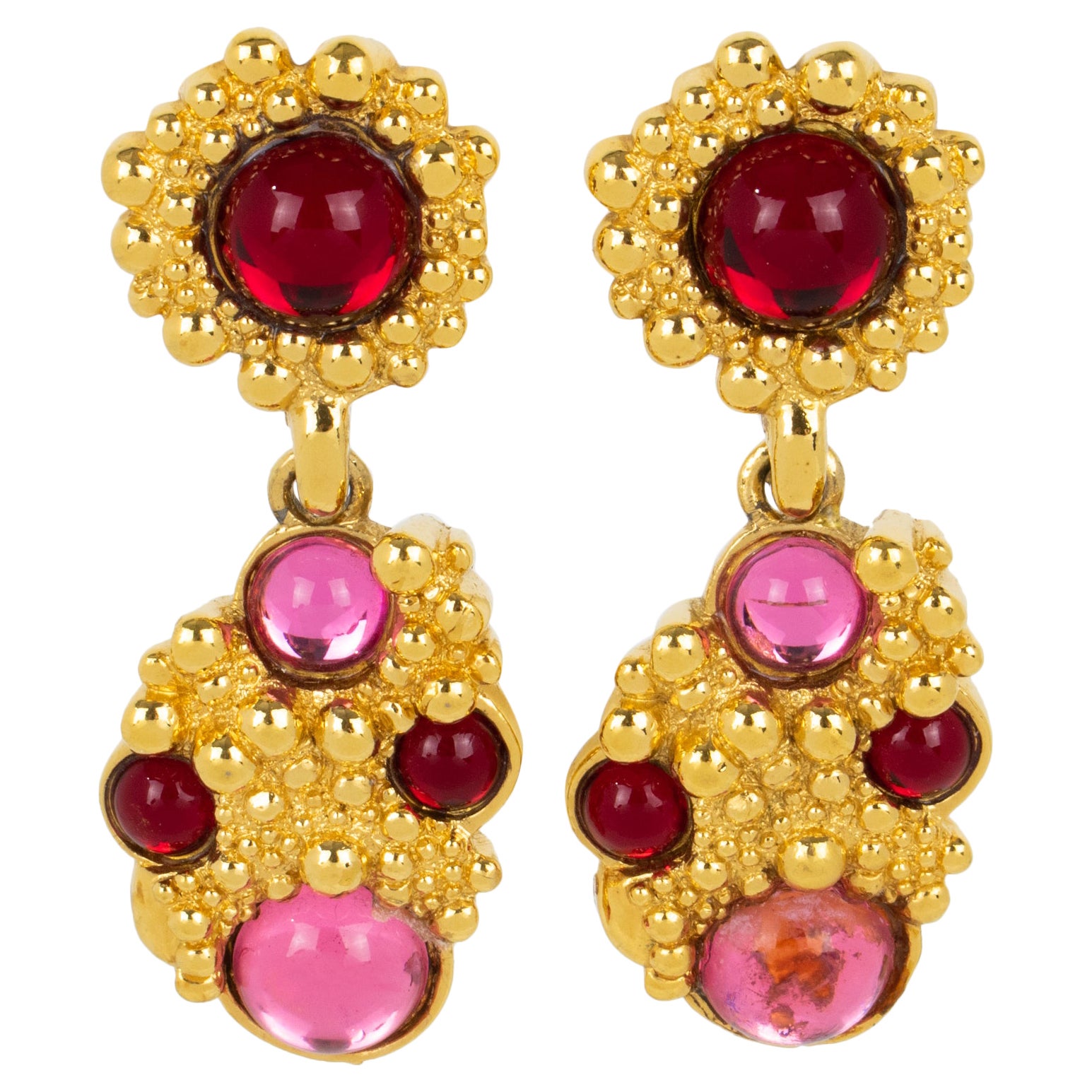 Guy Laroche Dangle Gilt Metal Clip Earrings Pink and Red Poured Glass Cabochons For Sale